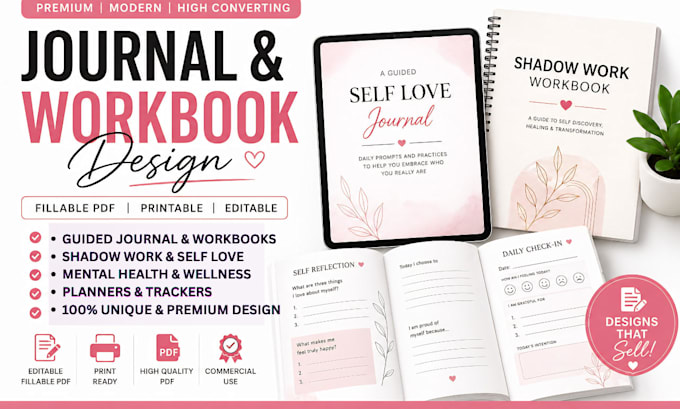 create self care journal, shadow workbook, guided self love journal fillable PDF