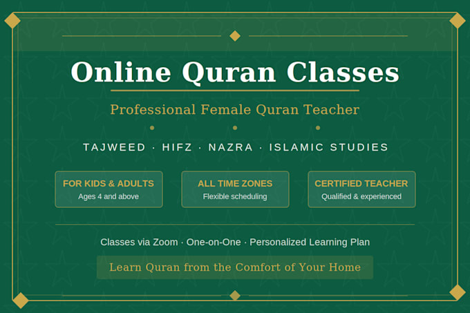 offer quran classes, recitation improvement, online teaching