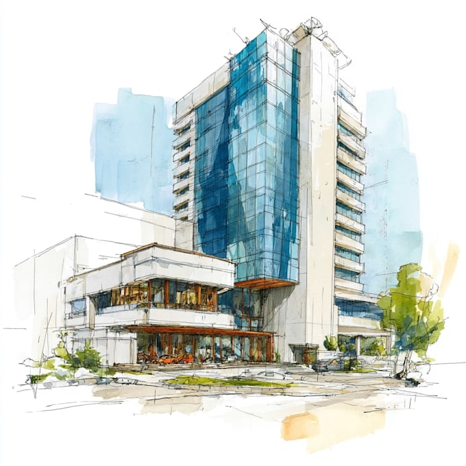sketch architecture building with watercolor rendering