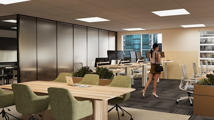 design modern office, workspace, conference room and lounge with HQ rendering
