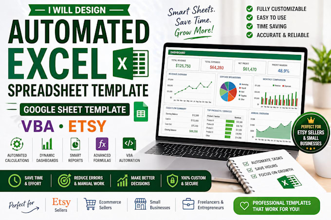 design automated excel spreadsheet template, google sheet template, vba, etsy