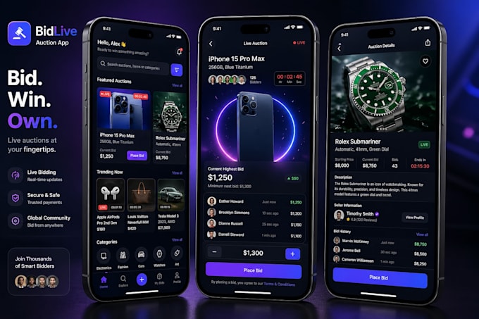 create auction app, live bidding app, auction website