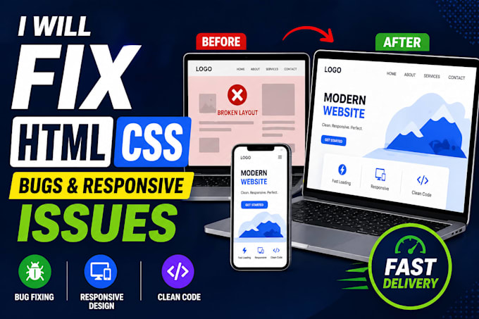 fix HTML CSS bugs and responsive issues quickly