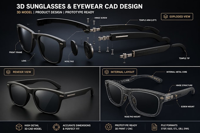 design 3d sunglasses and eyewear model and frame 3d cad prototype product design