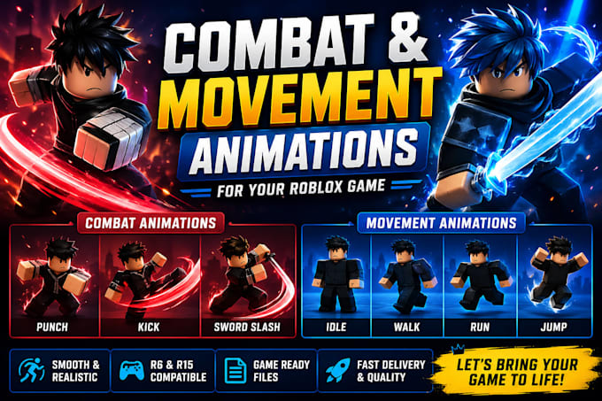 create combat and movement roblox animations for your game