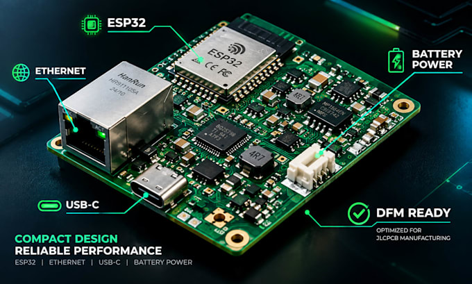esp32 ethernet pcb with usb c, battery power, compact routing and dfm for jlcpcb
