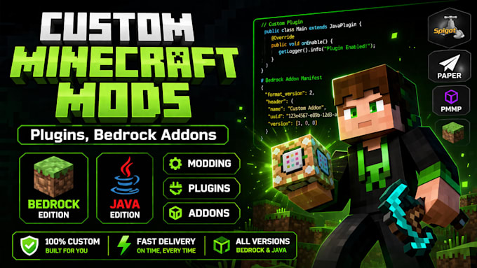 develop custom minecraft mods, plugins, and bedrock addons