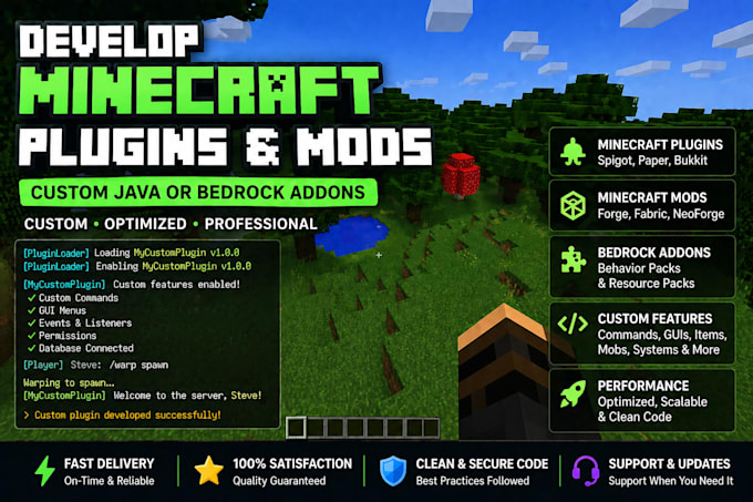 develop minecraft plugins minecraft mods custom java or bedrock addons