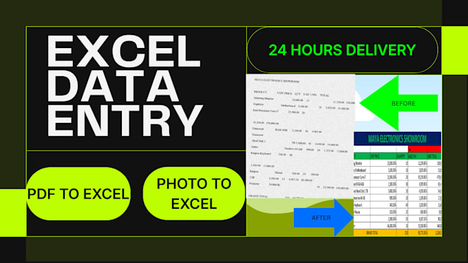 do fast excel data entry, pdf to excel, photo to excel in 24 hours