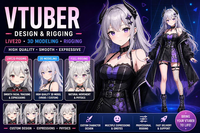 design high quality vtuber, live2d, 3d character rigging, 3d vtuber modelling