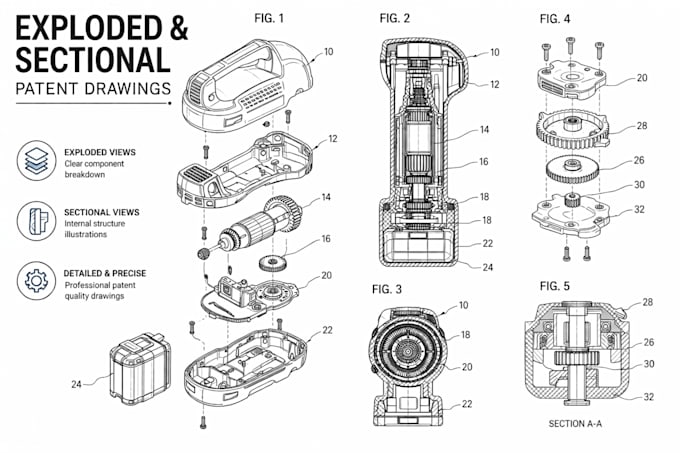 create exploded and sectional patent drawings for utility design inventions