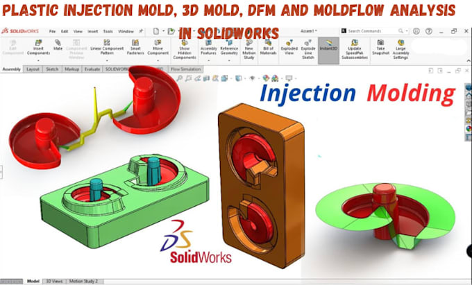 design plastic injection mold, 3d mold, dfm and moldflow analysis in solidworks