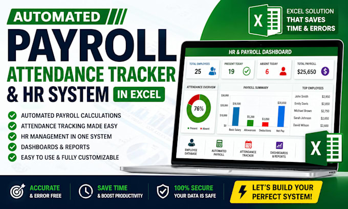 build automated payroll spreadsheet, employee attendance tracker, HR dashboard
