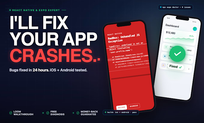 fix bugs and crashes in your react native or expo mobile app