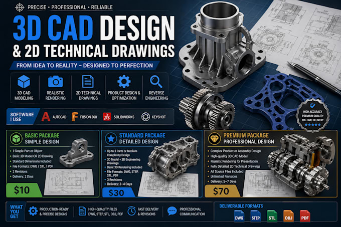 do 3d cad design, 3d product rendering, mechanical cad drawing for 3d printing