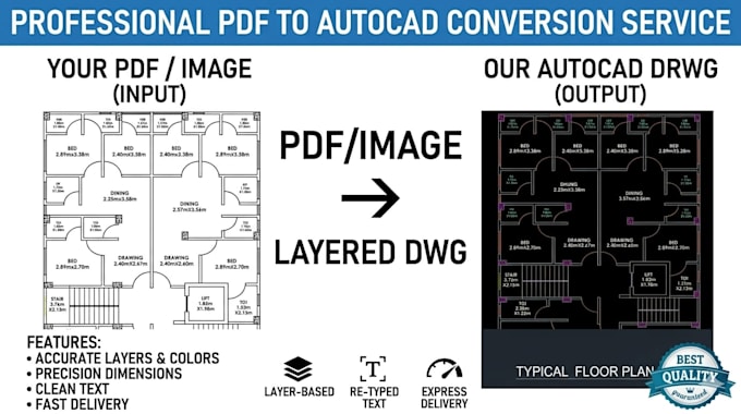 Convert pdf, image or hand sketch into professional autocad dwg by ...