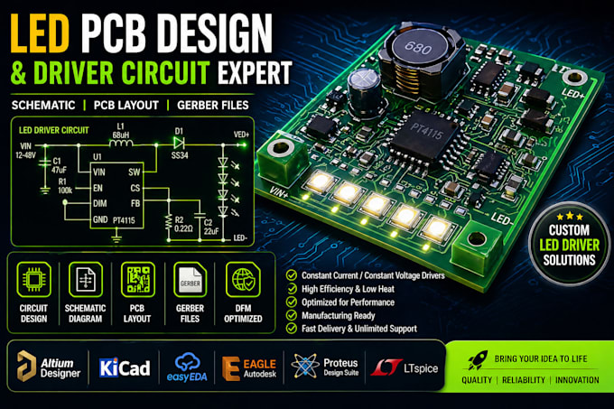 led pcb, driver circuit, schematic and pcb layout for electronics
