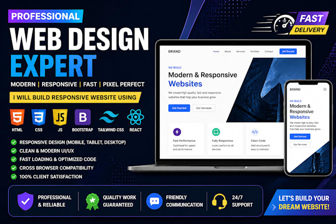 build modern responsive website with react, tailwind CSS, HTML CSS js