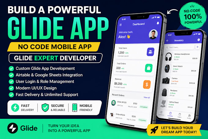 build a powerful glide app, no code mobile app, glide expert developer