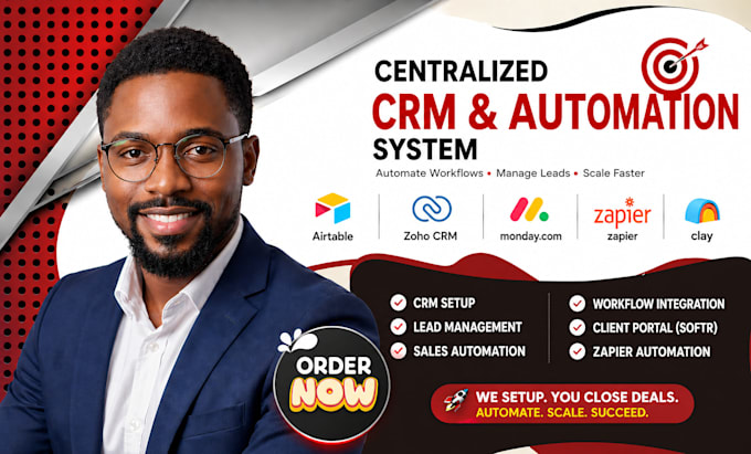setup airtable, zoho CRM monday com, clay com, softr, trello, zapier integration