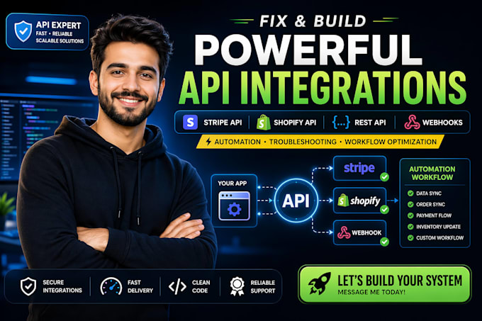 develop or fix API integration stripe API, shopify API, rest API webhook backend