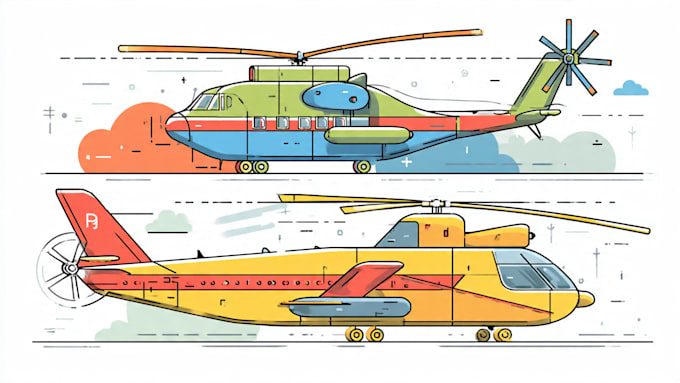draw aircraft, airplane, helicopter into a vector cartoon