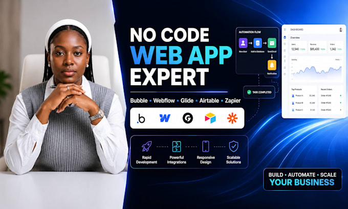 build no code rork app web app bubble webflow glide airtable zapier automation