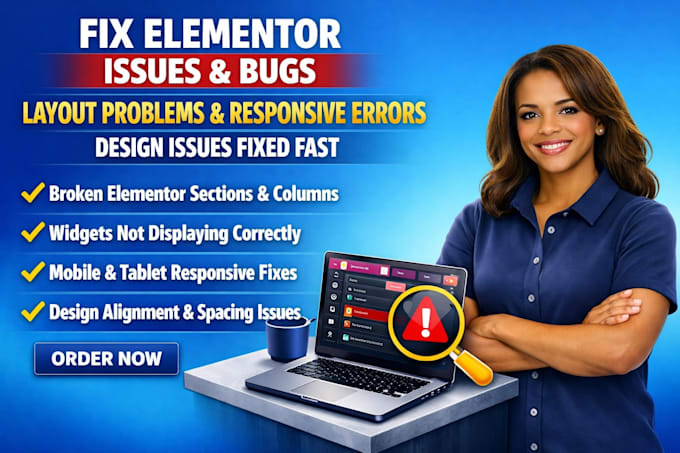 fix elementor issues, bugs, layout problems, responsive errors and design issues