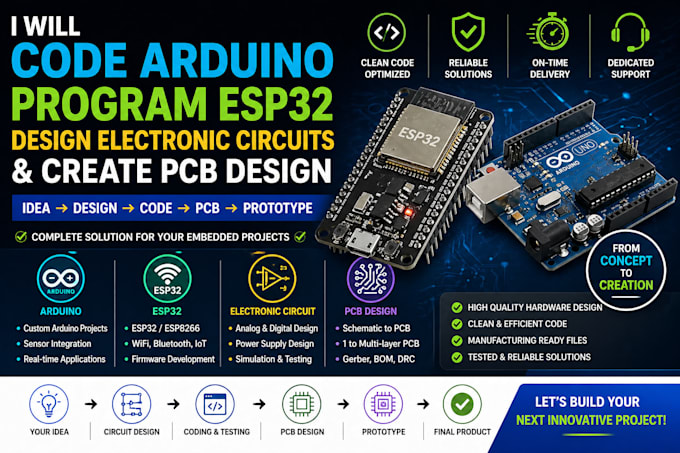 code arduino project, program esp32, do electronic circuit and create pcb design