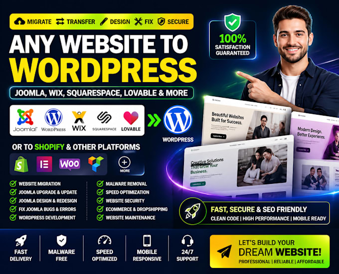 fix migrate design joomla lovable wix squarespace wordpress to shopify website