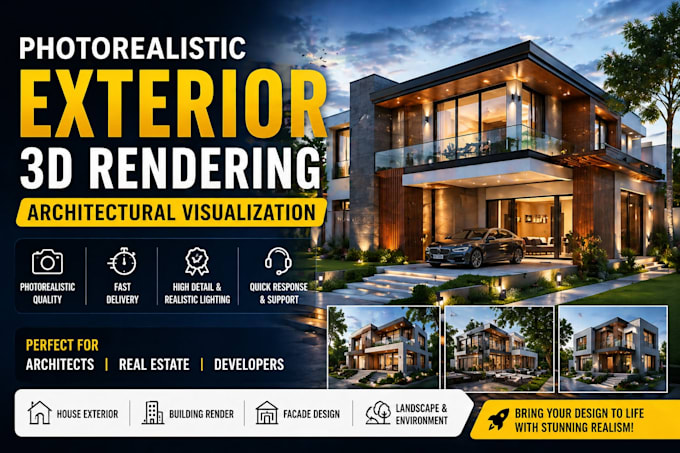 create photorealistic exterior 3d rendering, architectural visualization