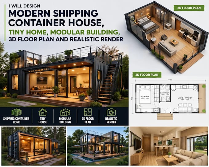 draw shipping container house tiny home modular building 3d floor plan