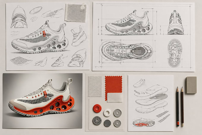 create a footwear tech pack,clothing tech pack and custom sneaker design