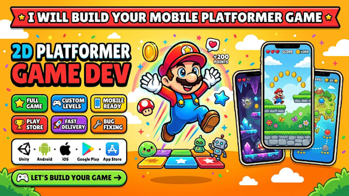 develop a mobile platformer game for android and ios in unity