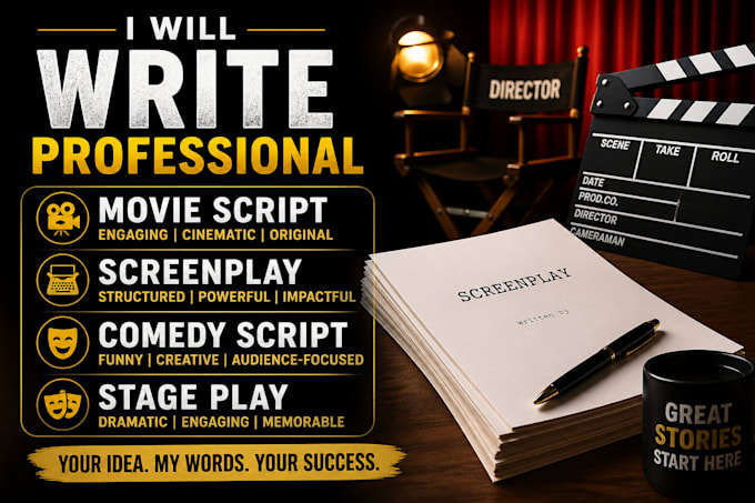 write professional movie script, screenplay, comedy script and stage play