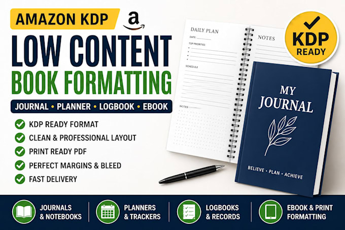 do low content book formatting amazon kdp journal planner logbook ebook