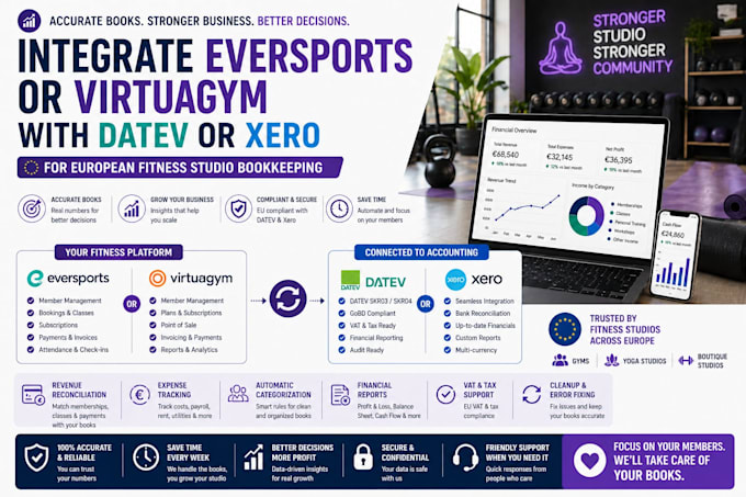 integrate eversports or virtuagym with datev or xero for bookkeeping