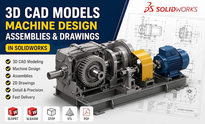 create 3d cad models, machine design, assemblies, drawings in solidworks