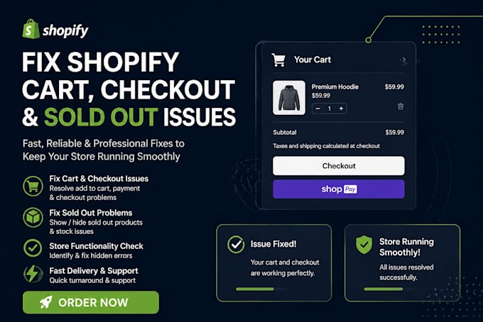 fix shopify cart checkout sold out, shopify bug fix and payment issues fast