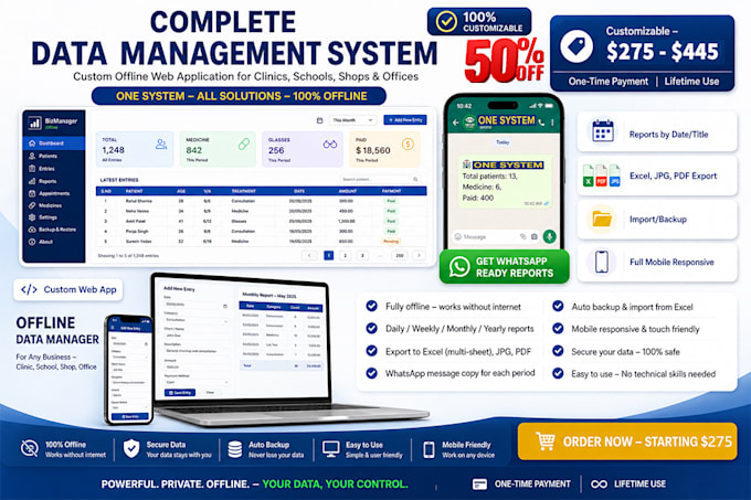 build custom offline web app data management reports export