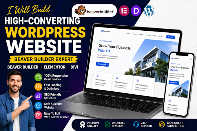 create a modern wordpress website using beaver builder, elementor or divi