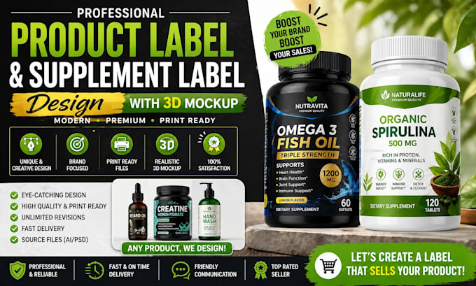 design product label and supplement label with 3d mockup