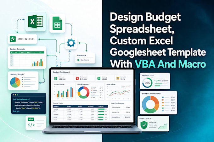 design budget spreadsheet, excel or googlesheet  template with vba and macro