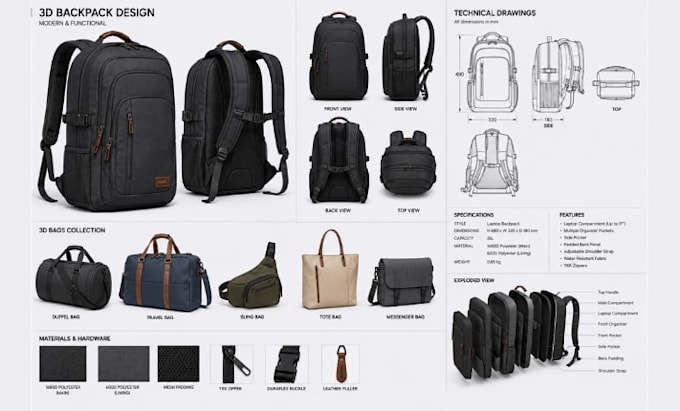 create 3d backpack models, bag designs, and technical drawings for manufacturing