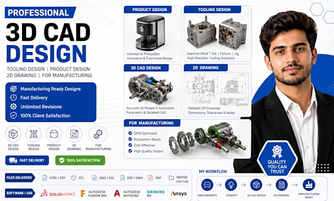 do 3d cad design, tooling design, product design, 2d drawing, for manufacturing