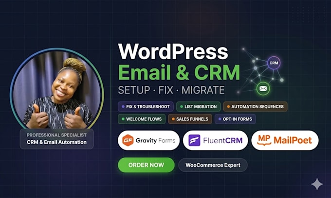 setup, fix, migrate gravity forms fluentcrm mailpoet automation on wordpress