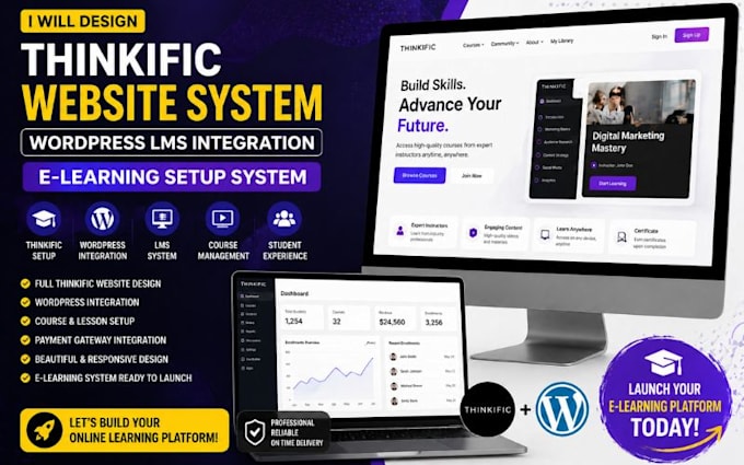 design thinkific website system wordpress lms integration elearning website