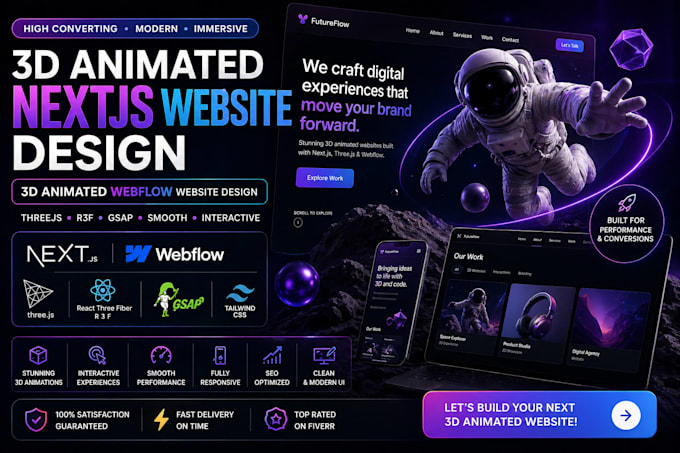 3d animated nextjs website design 3d animated webflow website design threejs r3f