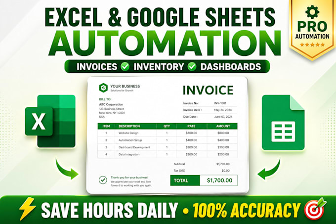 create automated excel and google sheets systems for invoices, inventory