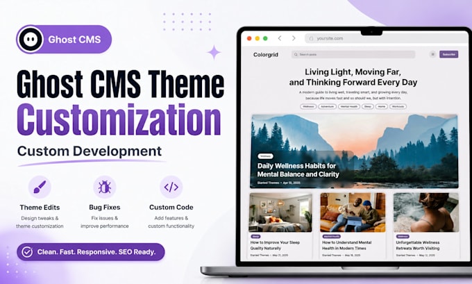 do ghost cms theme customization, ghost website design, and custom development